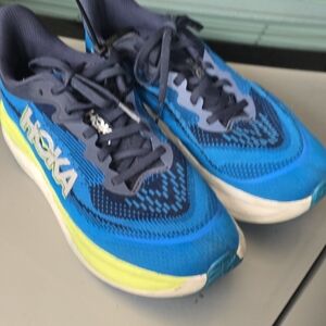 Hoka Blue Athletic Shoes with Neon Yellow Accent